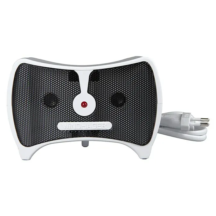 Windhager Ratten- & Mäusebekämpfung - Nager, Betriebsart: Netzbetrieben - Das Bild zeigt einen Windhager Heizlüfter mit weißem Gehäuse, schwarzem Gitter und rotem Knopf vor schwarzem Hintergrund.