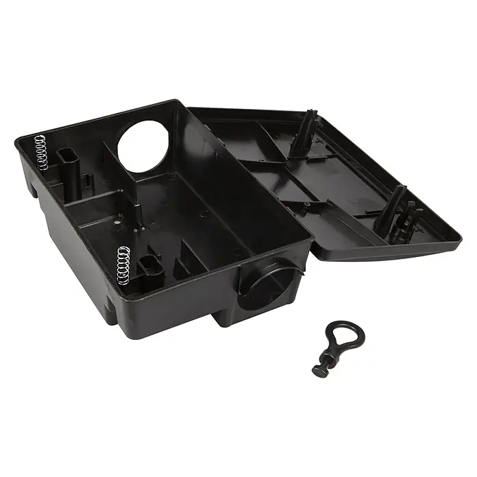 Windhager Mäuseköderbox 2 in 1 - Kunststoff - Schwarze Rattenköderbox aus Kunststoff mit dazugehörigem Schlüssel und geöffnetem Deckel.