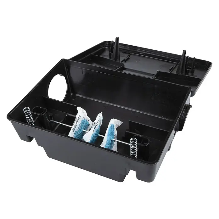 Windhager Mäuseköderbox 2 in 1 - Kunststoff - Eine schwarze Nagetierköderbox mit Rodentizidködern, die mit einem Deckel und Eingängen für Nagetiere ausgestattet ist.