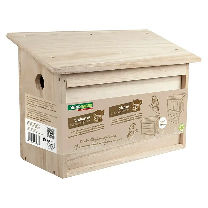 Windhager Nistkasten Twinhouse Sparrow - 18 x 38 x 26 cm, Natur, Holz - Windhager Twinhouse Sparrow Nistkasten aus unbehandeltem Paulownia Holz, leicht, hart und witterungsbeständig.