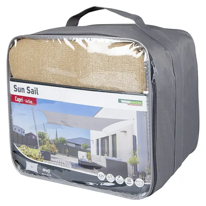 Windhager Sonnensegel Capri - L x B: 4 x 5 m, Schilf, Rechteckig - Verpackte Capri-Sonnen Segel mit den Maßen 4x5m, inklusive Befestigungsmaterial. Optimaler Schutz vor Sonneneinstrahlung.