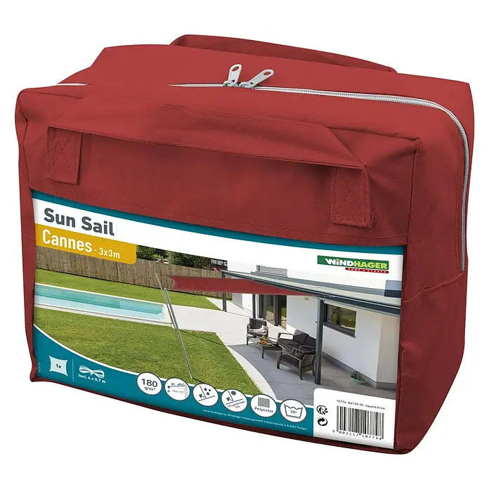 Windhager Sonnensegel - Ziegelrot, B x L: 3 x 3 m - Verpackung der quadratischen Windhager "Sun Sail Cannes" Sonnenblende (3x3m) in ziegelroter Farbe. Inklusive UV-Schutz, Polyester und Waschhinweise.