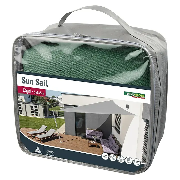 Windhager Sonnensegel Capri - L x B: 5 x 5 m, Olive, Dreieckig - Bild eines verpackten, dreieckigen Sonnensegels "Capri" (5x5x5m) von Windhager, ideal für den Sonnenschutz im Garten oder auf der Terrasse.