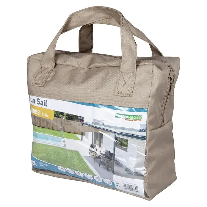 Windhager Sonnensegel - Taupe, B x L: 4 x 4 m - Eine Tragetasche mit einem Windhager Sonnensegel darin, ideal für den Transport und die Lagerung von Sonnenschutzprodukten für den Außenbereich.