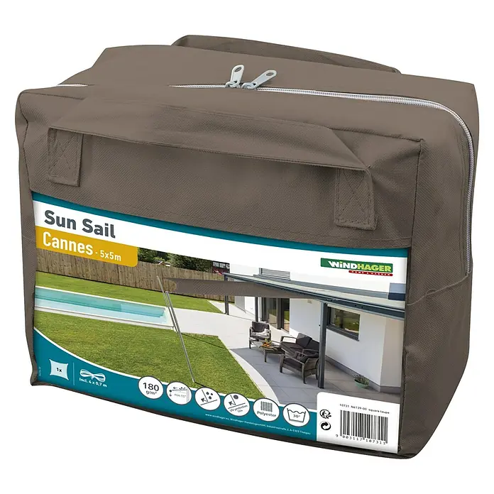 Windhager Sonnensegel - Taupe, B x L: 5 x 5 m - Produktbild einer verpackten Windhager Sun Sail Cannes 5x5m in Taupe.