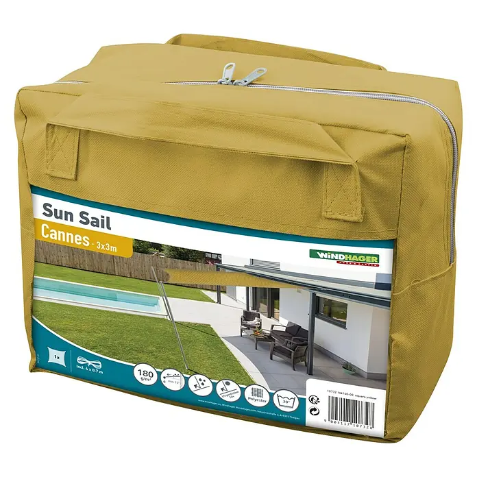 Windhager Sonnensegel - Gelb, B x L: 3 x 3 m - Verpackung eines gelben "Sun Sail Cannes" Sonnensegels (3x3m) von Windhager mit Reißverschluss und Tragegriffen.