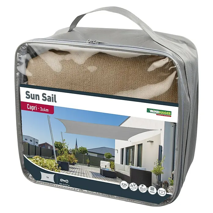 Windhager Sonnensegel Capri - L x B: 3 x 4 m, Schilf, Rechteckig - Verpackte Windhager Sun Sail Capri 3x4m, ideal für Schatten im Garten. Inklusive Befestigungsmaterial, UV-Schutz und waschbar.
