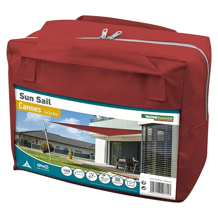 Windhager Sonnensegel Cannes - L x B: 3 x 3 m, Rot, Dreieckig - Verpackte Windhager Sun Sail Cannes 3x3x3m, ein dreieckiges Sonnensegel in Ziegelrot mit Reißverschluss und Tragegriffen für den einfachen Transport.