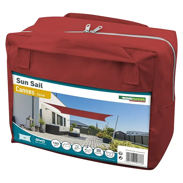 Windhager Sonnensegel - Ziegel, B x L: 4 x 3 m - Produktverpackung für ein rotes Windhager "Sun Sail Cannes" Sonnensegel, rechteckig, 3x4m, ideal für den Außenbereich.