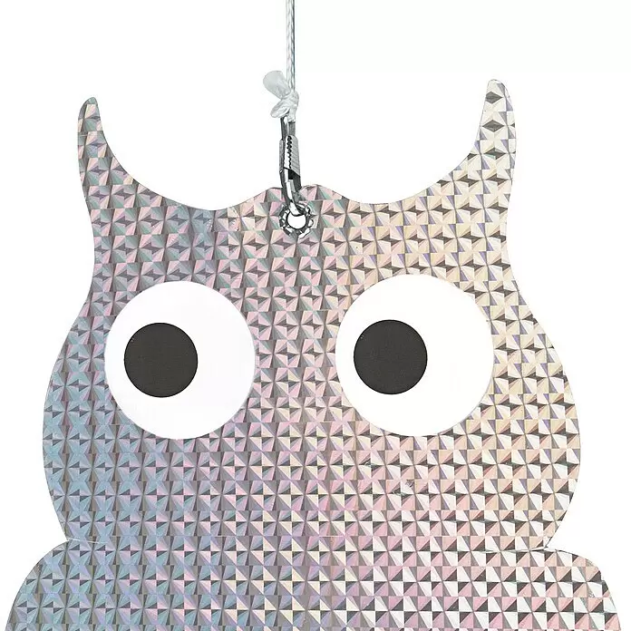 Windhager Vogelabwehr - B x H: 18 x 35,5 cm, Gesamtstückzahl: 2 Stk. - Reflektierende Eulen-Vogelscheuche mit großen weißen und schwarzen Augen, an einer Schnur hängend.