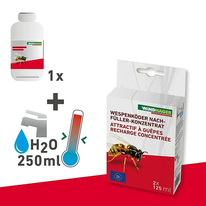 Windhager Wespenfalle Lockstoff Nachfüllpack - 2 Stk. - Bild einer Wespenköder-Nachfüllpackung mit Konzentrat, das mit Wasser gemischt wird, um Wespen anzulocken.