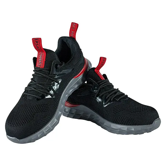 Power Safe Sicherheitshalbschuh Firefly - 40, Schutzklasse nach EN ISO 20345: S1P, Schwarz/Rot - Schwarze Sportschuhe mit grauen Sohlen und roten Akzenten. Modisch und bequem für den Alltag oder das Training.