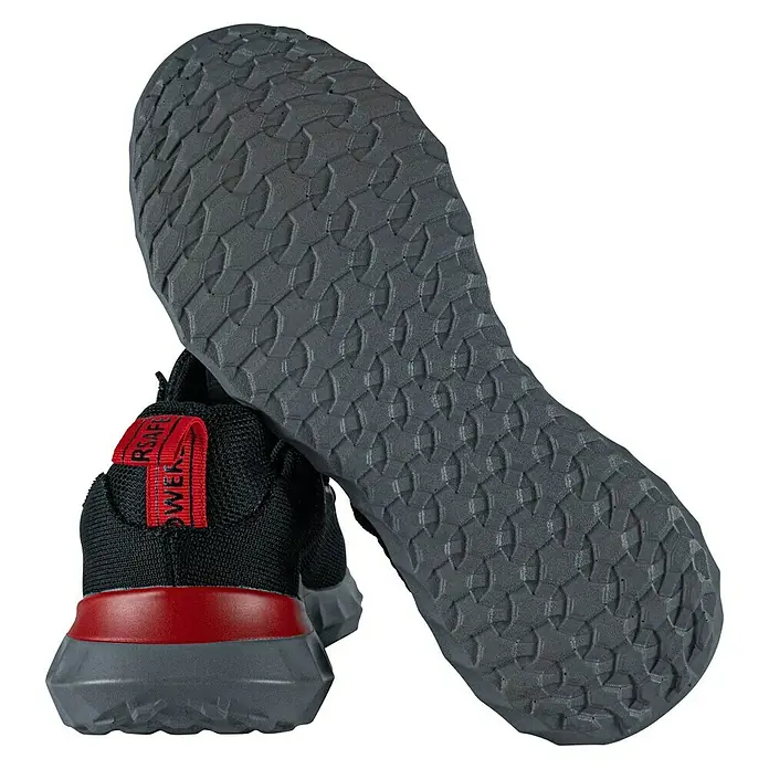 Power Safe Sicherheitshalbschuh Firefly - 40, Schutzklasse nach EN ISO 20345: S1P, Schwarz/Rot - Nahaufnahme eines schwarzen Sneakers mit rotem Detail und grauer Sohle mit markantem Profil.