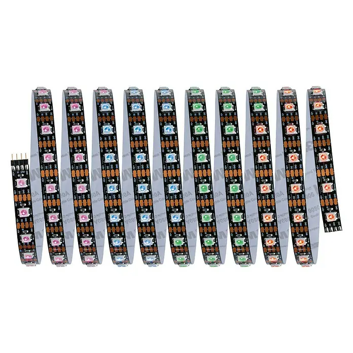 Paulmann LED-Stripes Dynamic Rainbow - Länge: 300 cm, RGB, 8,5 W - LED-Streifen: Eine Reihe von flexiblen LED-Streifen mit verschiedenfarbigen LEDs auf einem schwarzen Band, ideal für dekorative Beleuchtung.