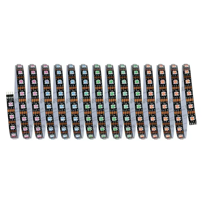 Paulmann LED-Stripes Dynamic Rainbow - Länge: 500 cm, RGB, 10,5 W - Einige LED-Streifen sind dargestellt, die sich durch ihre bunten Lichter und die flexible Bauweise auszeichnen, ideal für Deko.