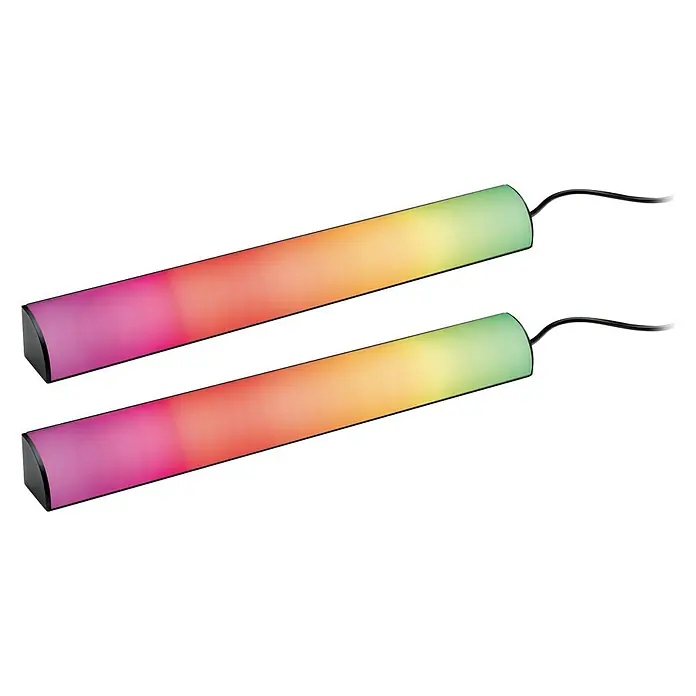 Paulmann LED-Lichtleiste - L x B x H: 30,5 x 3 x 3 cm, Lichtfarbe: RGB, 5 V, 2 Stk. - Das Bild zeigt zwei leuchtende LED-Lichtleisten mit Farbverlauf, ideal für stimmungsvolle Beleuchtung und Akzente im Raum.