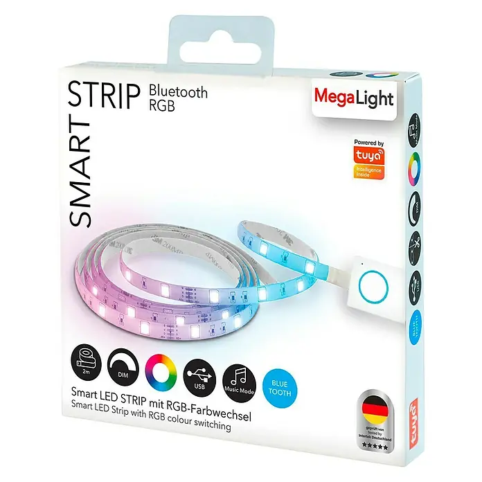 MegaLight Smart-LED-Band - Länge: 2 m, RGB, 10 W, 60 lm, 230 V - Verpackung einer MegaLight Smart LED Strip mit RGB-Farbwechsel und Bluetooth Funktion für intelligente Beleuchtung.