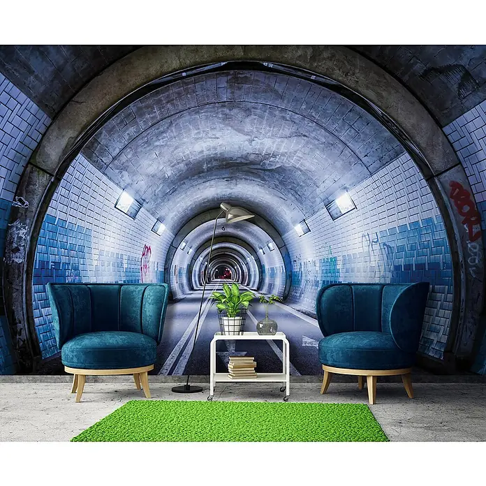 Fototapete Tunnel IIIB x H: 312 x 219 cm, Vlies - Elegante Einrichtung mit zwei blauen Sesseln und einem Beistelltisch vor einer Tunnel-Fototapete. Stilvolles Wohnambiente für moderne Wohnräume.