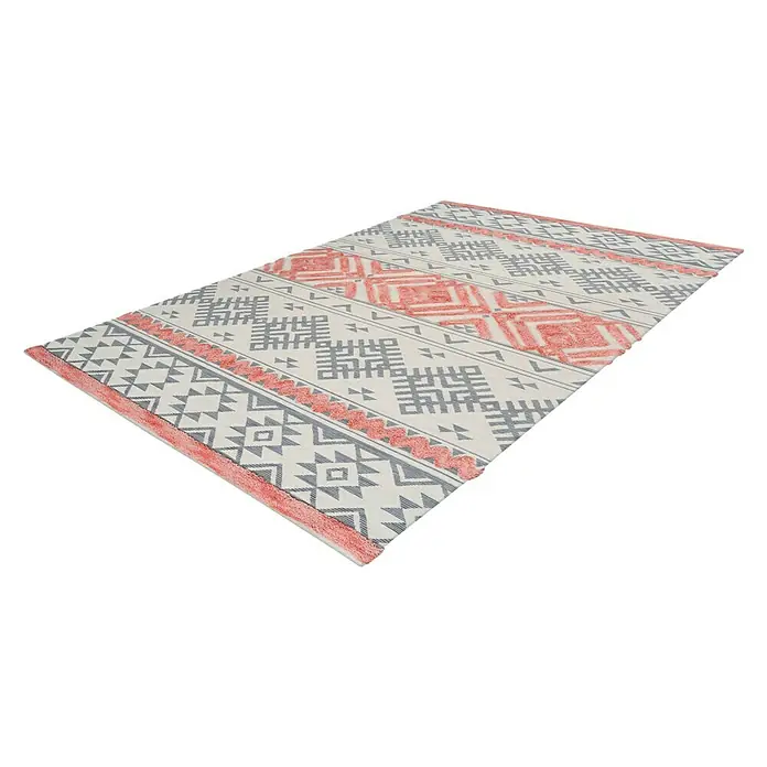 Kayoom Flachgewebeteppich Ethnie - Grau/Rot, 230 x 160 cm, 100 % Baumwolle - Ein rechteckiger Teppich mit einem markanten, geometrischen Muster in Grau- und Rottönen, ideal für die Dekoration Ihres Wohnraums.