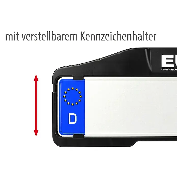 Eufab Fahrradträger Premium II Plus - Geeignet für: E-Bikes, Traglast: 60 kg - Abbildung eines verstellbaren Kennzeichenhalters mit einer roten vertikalen Pfeilmarkierung für die Anpassung.