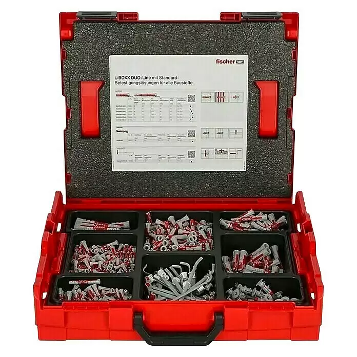Fischer Surtido de tacos Duoline L-Boxx 102 - Con borde, 795 pzs. - Caja de herramientas roja abierta con varios tacos de pared grises y rojos y soluciones de fijación en compartimentos. Una hoja de información en la tapa.