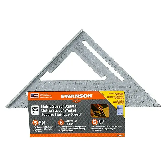 Winkelmesser EU202 Metric Speed Square - Länge: 250 mm - Ein Swanson Metric Speed Square, ein multifunktionales Werkzeug zum Messen und Markieren von Winkeln und Längen.