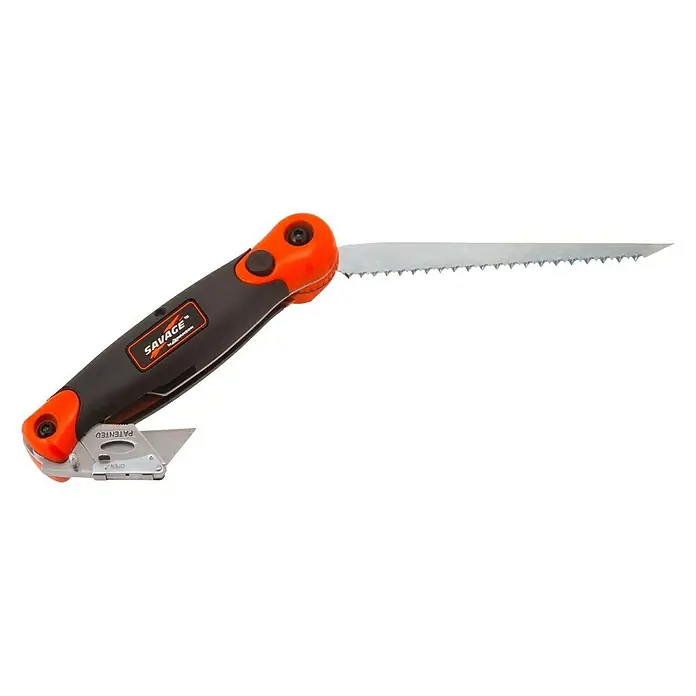 Klapp-Stichsäge SVK666 - 190 x 40 x 30 mm - Das Bild zeigt ein Klappmesser von Savage mit einer Säge und einer Klinge, die für verschiedene Schneidarbeiten geeignet sind.