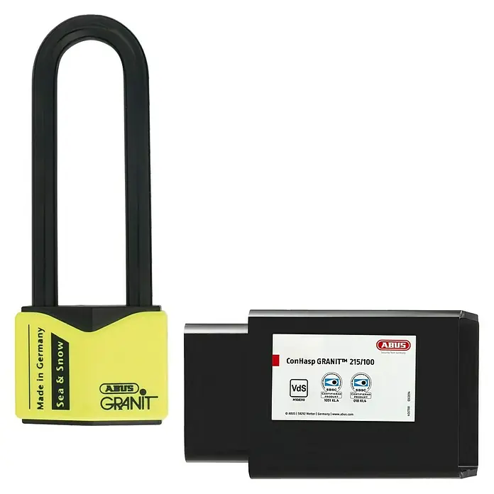 Abus Überfalle mit Vorhangschloss Überfalle Con Hasp Granit 215/100 + Vorhangschloss Granit 37/55 HB100 - Einsatzbereich: Container - ABUS Granit 215/100 ConHasp Bügelschloss mit "Sea & Snow"-Design, ideal für den Einsatz unter extremen Bedingungen. Robust und zuverlässig.