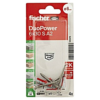 Fischer Duopower Dübel- & Schraubenbox 6 x 30 S A2 (Durchmesser Dübel: 6 mm, Länge Dübel: 30 mm, Senkkopfschraube, Edelstahl, 4 Stk.)