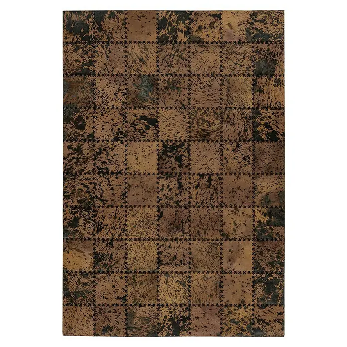 Kayoom Lederteppich Viola - Braun, 290 x 200 cm, 100 % Echtleder - Quadratischer Teppich mit einzigartigem Kuhfellmuster und dekorativen Kreuzstichdetails, ideal für stilvolle Bodenakzente.
