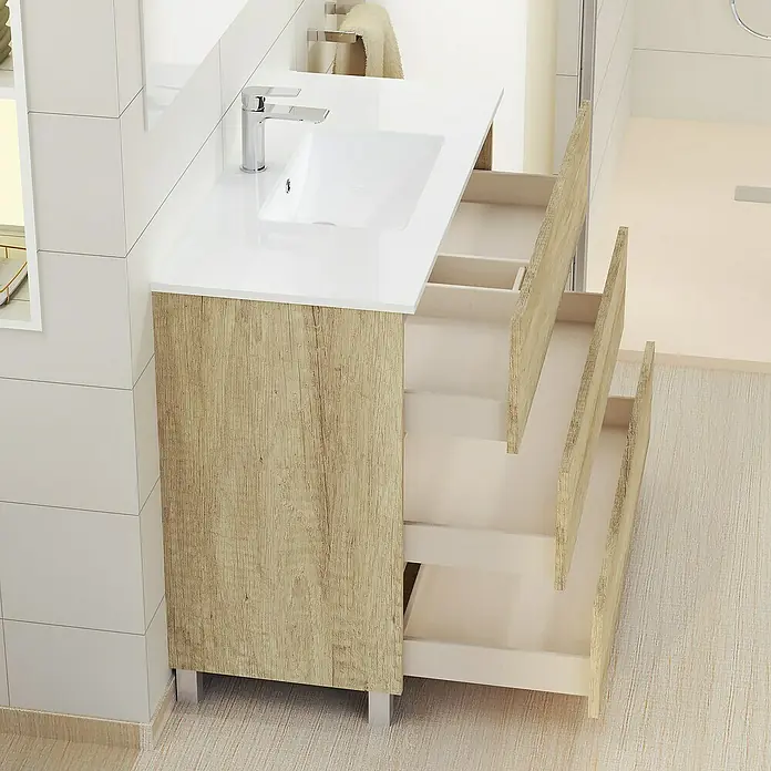 Artysan Mueble bajo de lavabo Patri - L x An x Al: 46 x 100 x 85 cm, Nature - Un mueble de lavabo con cajones abiertos en un ambiente de baño. El mueble ofrece un espacio de almacenamiento práctico.