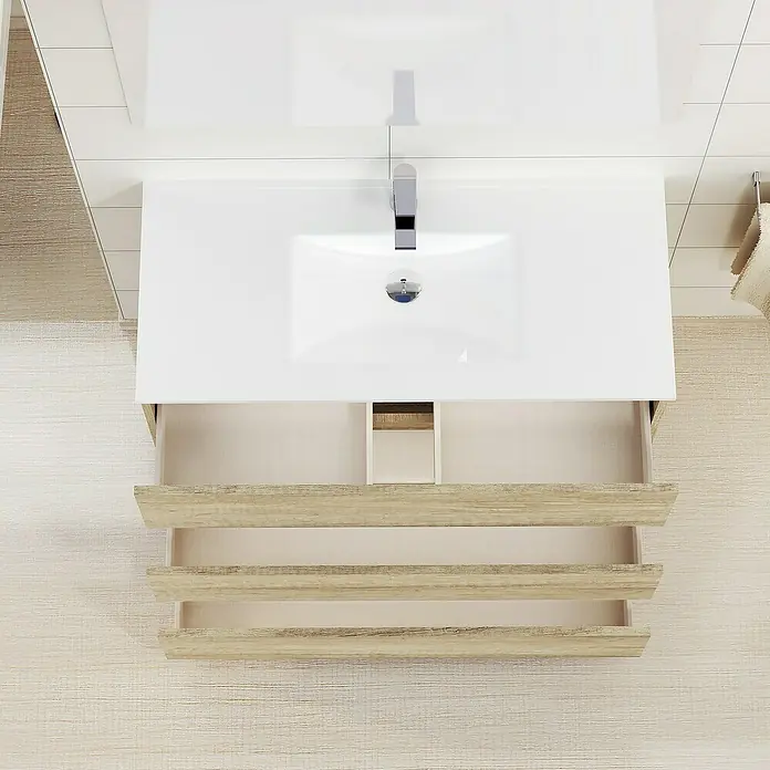 Artysan Mueble bajo de lavabo Patri - L x An x Al: 46 x 100 x 85 cm, Nature - Mueble de baño con lavabo y cajones abiertos, mostrando el espacio de almacenamiento y diseño moderno.