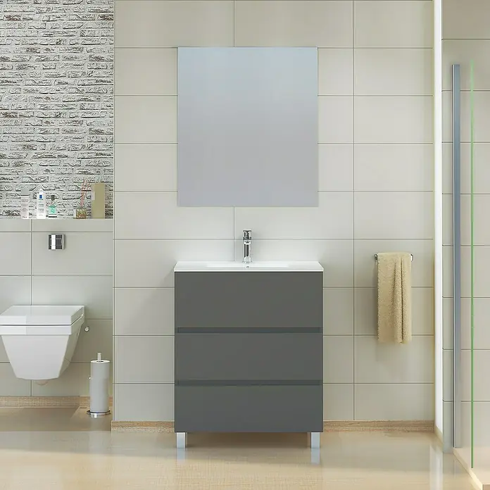 Artysan Mueble bajo de lavabo Patri - L x An x Al: 46 x 70 x 85 cm, Gris seda - Cuarto de baño con un moderno tocador gris con tres cajones, un lavabo blanco y un espejo cuadrado encima.