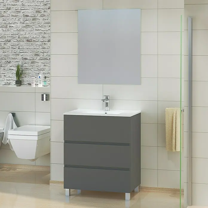 Artysan Mueble bajo de lavabo Patri - L x An x Al: 46 x 70 x 85 cm, Gris seda - Mueble de baño con tres cajones en gris, incluyendo espejo y grifo, para un ambiente de baño moderno.