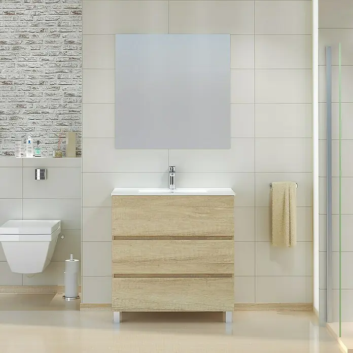 Artysan Mueble bajo de lavabo Patri - L x An x Al: 46 x 80 x 85 cm, Nature - Interior de baño con un moderno tocador de madera clara con tres cajones, espejo y váter.