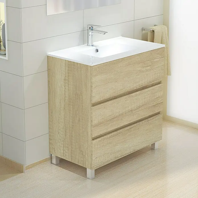 Artysan Mueble bajo de lavabo Patri - L x An x Al: 46 x 80 x 85 cm, Nature - Mueble de baño con lavabo y tres cajones en aspecto madera con grifo.