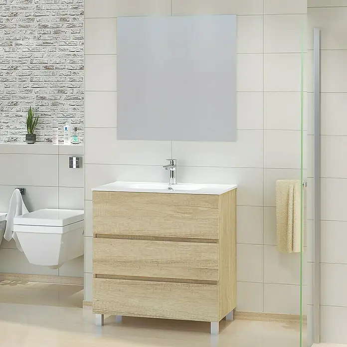 Artysan Mueble bajo de lavabo Patri - L x An x Al: 46 x 80 x 85 cm, Nature - Un moderno tocador de baño de aspecto de madera con tres cajones, un lavabo blanco y un espejo cuadrado encima.