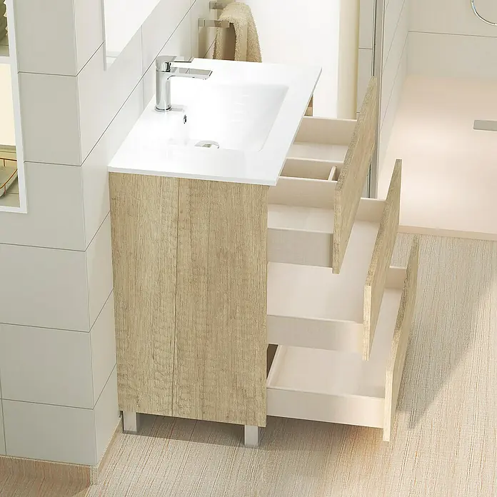 Artysan Mueble bajo de lavabo Patri - L x An x Al: 46 x 70 x 85 cm, Nature - Imagen de un mueble de baño de madera con lavabo y tres cajones. El diseño moderno con cajones abiertos proporciona un práctico almacenamiento.