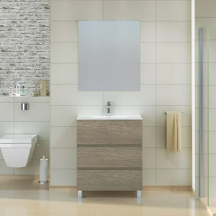 Artysan Mueble de lavabo Patri - L x An x Al: 46 x 70 x 85 cm, Nebraska - Un baño elegante con mueble de lavabo de madera, lavabo sobre encimera blanco y espejo. Su diseño moderno complementa la decoración del baño.
