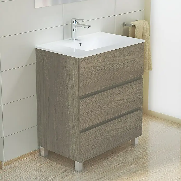 Artysan Mueble de lavabo Patri - L x An x Al: 46 x 70 x 85 cm, Nebraska - Moderno mueble de baño con tres cajones en acabado de madera, perfecto para almacenamiento en el baño. Grifo cromado y lavabo blanco complementan el diseño.