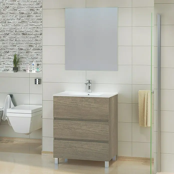 Artysan Mueble de lavabo Patri - L x An x Al: 46 x 70 x 85 cm, Nebraska - Elegante baño con mueble de lavabo de aspecto de madera con lavabo sobre encimera blanco y espejo a juego, complementado con modernos accesorios.