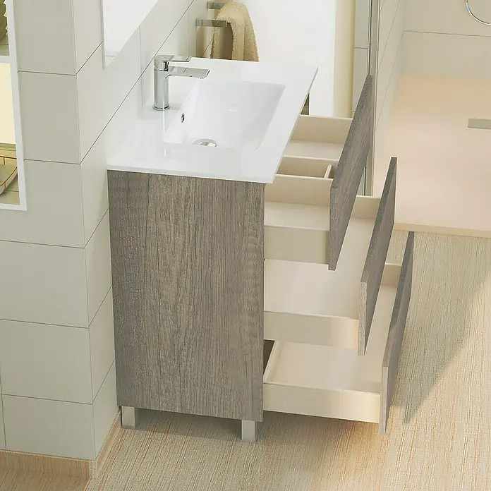 Artysan Mueble de lavabo Patri - L x An x Al: 46 x 70 x 85 cm, Nebraska - Baño moderno con mueble de lavabo y cajones abiertos que añaden un toque elegante.
