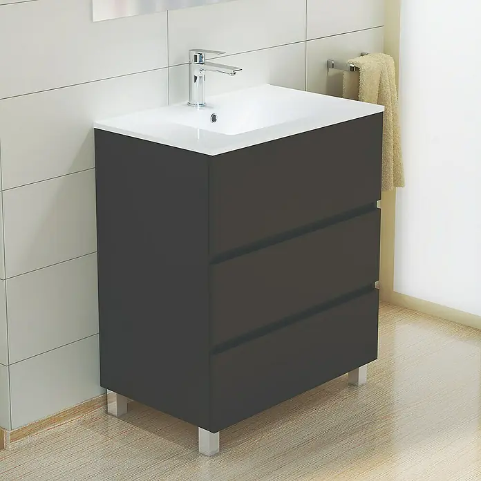 Artysan Mueble bajo de lavabo Patri - L x An x Al: 46 mm x 70 cm x 85 cm, Negro seda - Mueble de baño moderno con tres cajones, lavabo blanco y grifo cromado para un ambiente de baño elegante.