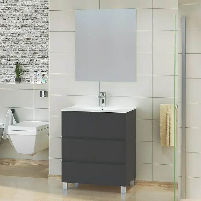 Artysan Mueble bajo de lavabo Patri - L x An x Al: 46 mm x 70 cm x 85 cm, Negro seda - Esta imagen muestra un moderno mueble de baño con lavabo y espejo. El mueble es gris y tiene tres cajones.