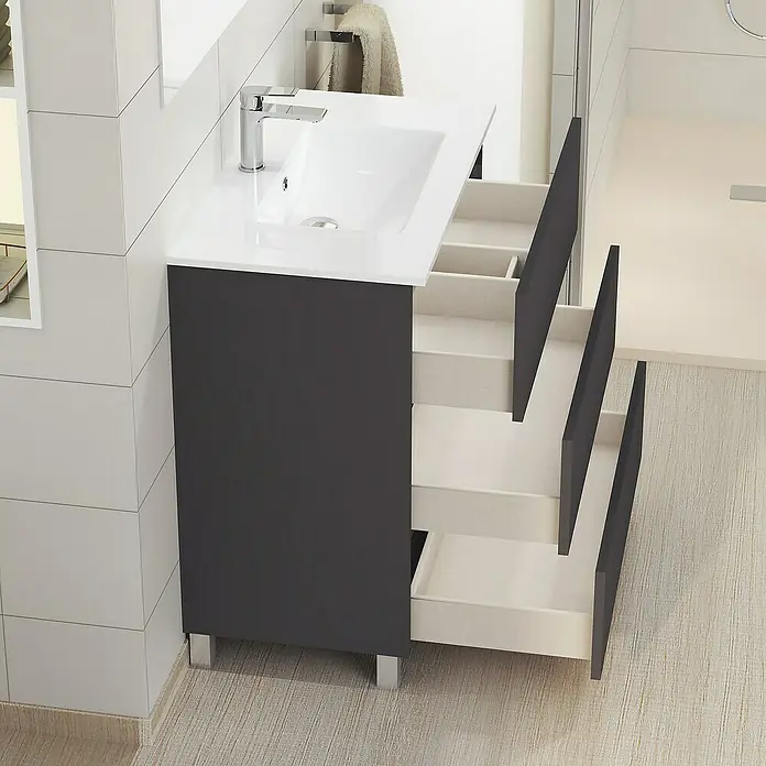 Artysan Mueble de lavabo Patri - 46 x 80 x 85 cm, Negro - Este moderno lavabo de baño con un elegante mueble ofrece un almacenamiento práctico gracias a los cajones en blanco y gris oscuro.
