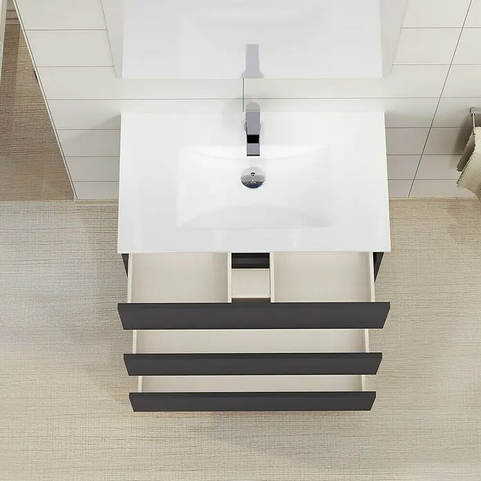 Artysan Mueble de lavabo Patri - 46 x 80 x 85 cm, Negro - Un mueble de baño con cajones abiertos que permiten ver el espacio de almacenamiento. Su diseño moderno ofrece muebles de baño prácticos.