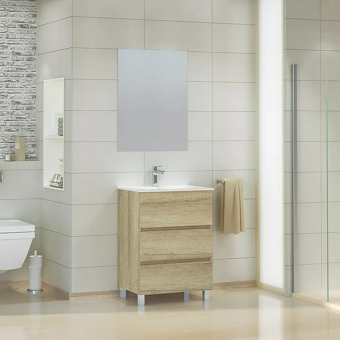 Artysan Mueble bajo de lavabo Patri - L x An x Al: 46 x 60 x 85 cm, Nature - Un moderno mueble de baño en aspecto de madera con tres cajones y un lavabo blanco. Es perfecto para cualquier baño.