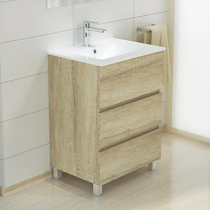 Artysan Mueble bajo de lavabo Patri - L x An x Al: 46 x 60 x 85 cm, Nature - Lavabo moderno con mueble de lavabo con aspecto de madera y tres cajones para un ambiente de baño elegante.