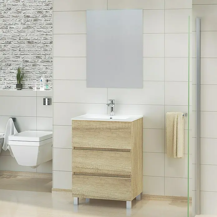 Artysan Mueble bajo de lavabo Patri - L x An x Al: 46 x 60 x 85 cm, Nature - Un tocador moderno con tres cajones y un espejo en un entorno de baño luminoso.