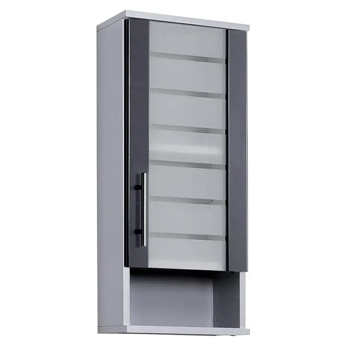 Schildmeyer Niko Oberschrank - 30 x 20,5 x 70,5 cm, Silber/Anthrazit - Ein stilvoller grauer Wandschrank mit einer Tür mit einem dezenten Griff und klaren, horizontalen Akzenten für moderne Badezimmer.